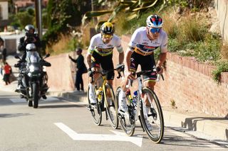 Remco Evenepoel leads Primoz Roglic on the attack late on stage 6 of the 2023 Volta a Catalunya