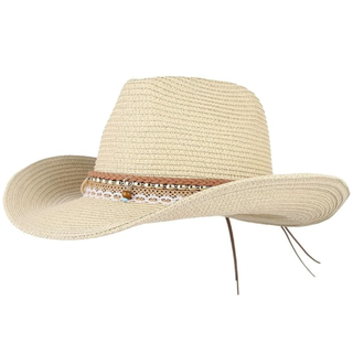 Gemvie Summer Cowboy Cowgirl Hat Unisex Roll Up Brim Fedora Straw Sun Hat Western Cowboy Hat Straw Beach Cap Khaki