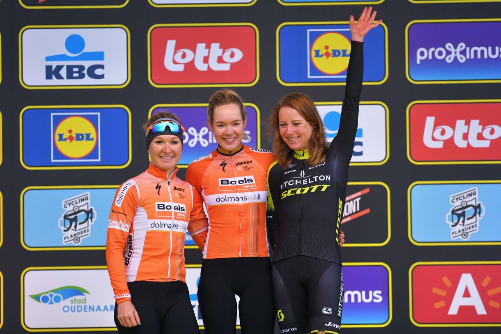 OUDENAARDE, BELGIUM - APRIL 01: Podium / Amy Pieters of The Netherlands and Boels - Dolmans Cycling Team / Anna Van Der Breggen of The Netherlands and Boels - Dolmans Cycling Team / Annemiek Van Vleuten of The Netherlands and Team Mitchelton-Scott /Celebration / during the 15th Tour of Flanders 2018 - Ronde Van Vlaanderen a 150,9km women's race from Oudenaarde to Oudenaarde on April 1, 2018 in Oudenaarde, Belgium. (Photo by Tim de Waele/Getty Images)