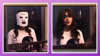 Lily Collins in Emily in Paris wearing the CurrentBody Skin LED Light Therapy Mask next to shot of her looking in mirror while holding it on a purple background