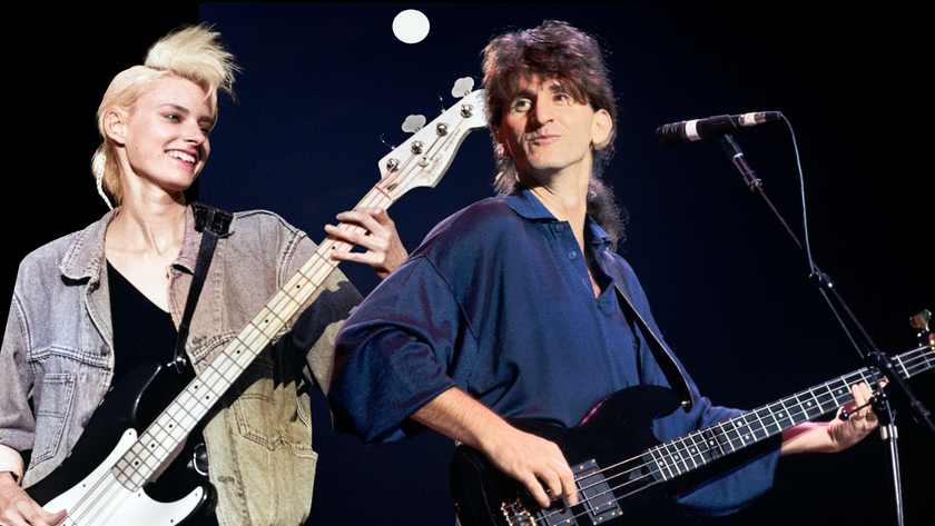 Two images of Aimee Mann and Geddy Lee of Rush comped together