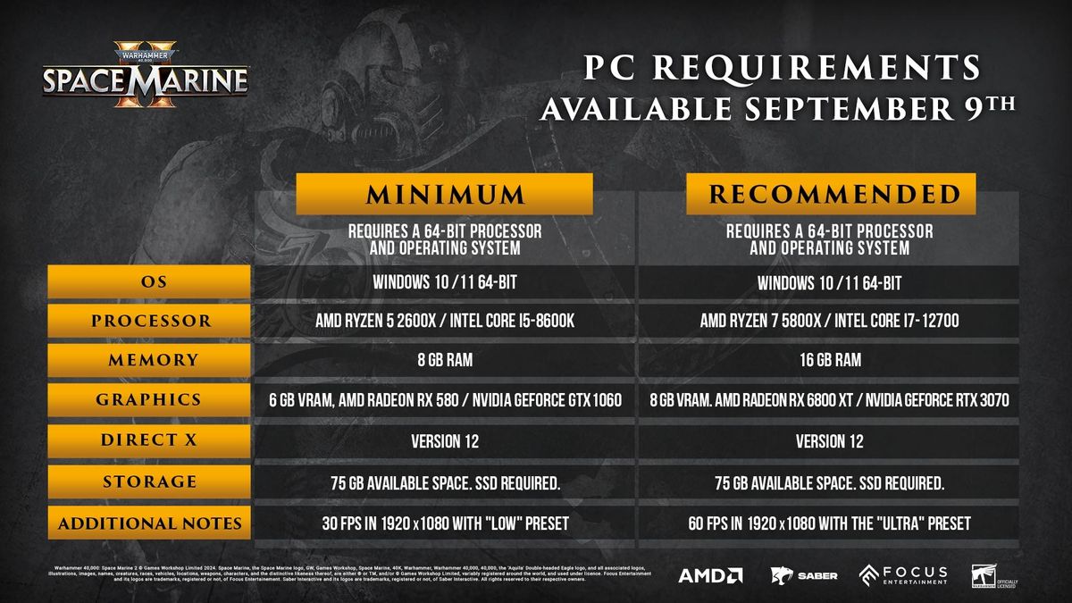 Here's the PC requirements for Warhammer 40K Space Marine 2 Windows