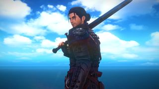 Final Fantasy 14 Dawntrail launch trailer screenshot showing the Warrior of Light, a man with tied-back brown hair and a sword, standing against a blue backdrop with clouds