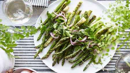 Asparagus recipe on a white plate