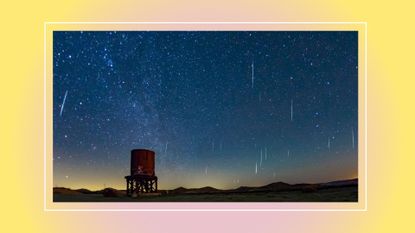 upcoming meteor showers feature image: a meteor shower with a water tower in the distance and a yellow tie-dye background