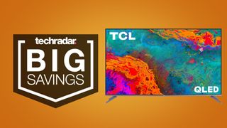 TCL QLED TV on an orange TechRadar deals background