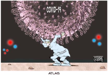 Editorial Cartoon U.S. Health workers carrying the coronavirus load Atlas