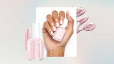 A close-up of someone's hand holding the Essie Pillow Talk The Talk nail colour, and with it applied to their nails, alongside a product shot of the nail polish and some pink nail polish streaks/ all featured all a pink, green and purple gradient template