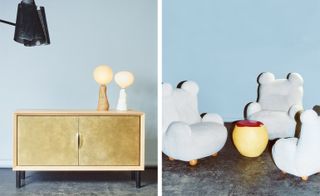 Two side-by side photos of pieces of furniture. In the first photo there is a black lamp and a light coloured sideboard with black legs and two lamps on top that resemble ET's lit up finger. And in the second photo there are three white teddy bear-shaped armchairs and a yellow and red table. In both photos the pieces are pictured against grey and blue backgrounds in a room with dark grey flooring
