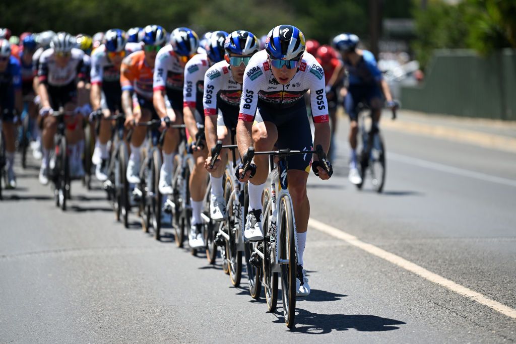 TANUNDA AUSTRALIA JANUARY 22 Filip Maciejuk of Poland and Team Red Bull BORA hansgrohe leads the peloton during the 25th Santos Tour Down Under 2025 Stage 2 a 1288km stage from Tanunda to Tanunda 342m UCIWT on January 22 2025 in Tanunda Australia Photo by Dario BelingheriGetty Images