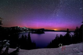 Astrophotographer Brad Goldpaint provides this image of an aurora over Crater Lake, Oregon, taken June 17, 2012.