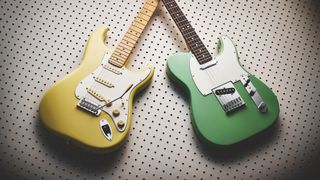 A yellow Stratocaster and green Telecaster Fender Player II guitars