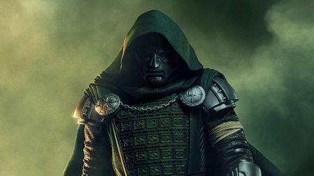 Doctor Doom in full costume in front of cloudy green background on poster for Avengers: Doomsday