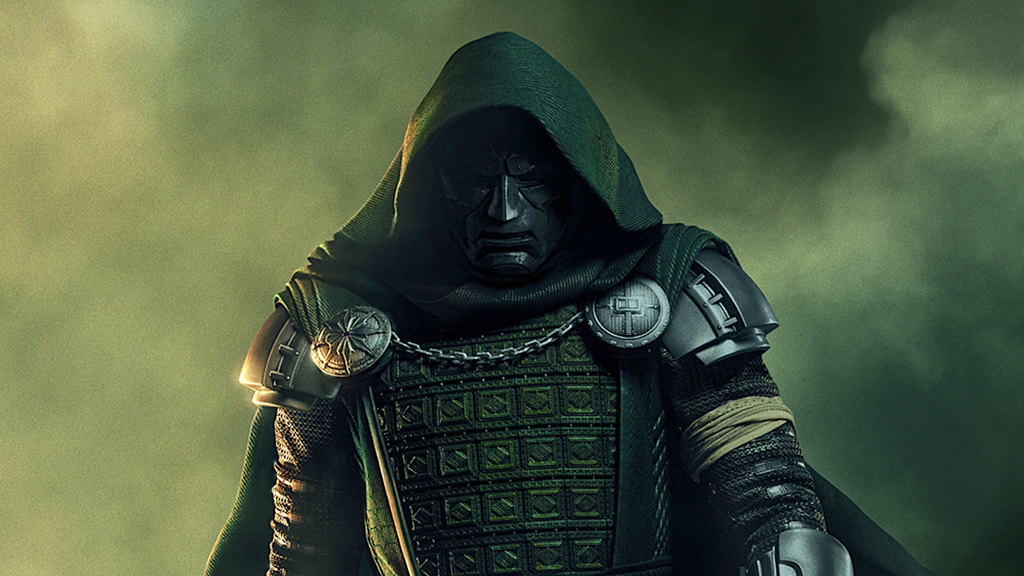 Doctor Doom in full costume in front of cloudy green background on poster for Avengers: Doomsday