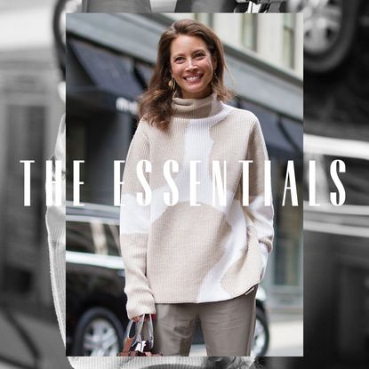 A woman wearing a heavy wool sweater. Overlaid text reads, "The Essentials"