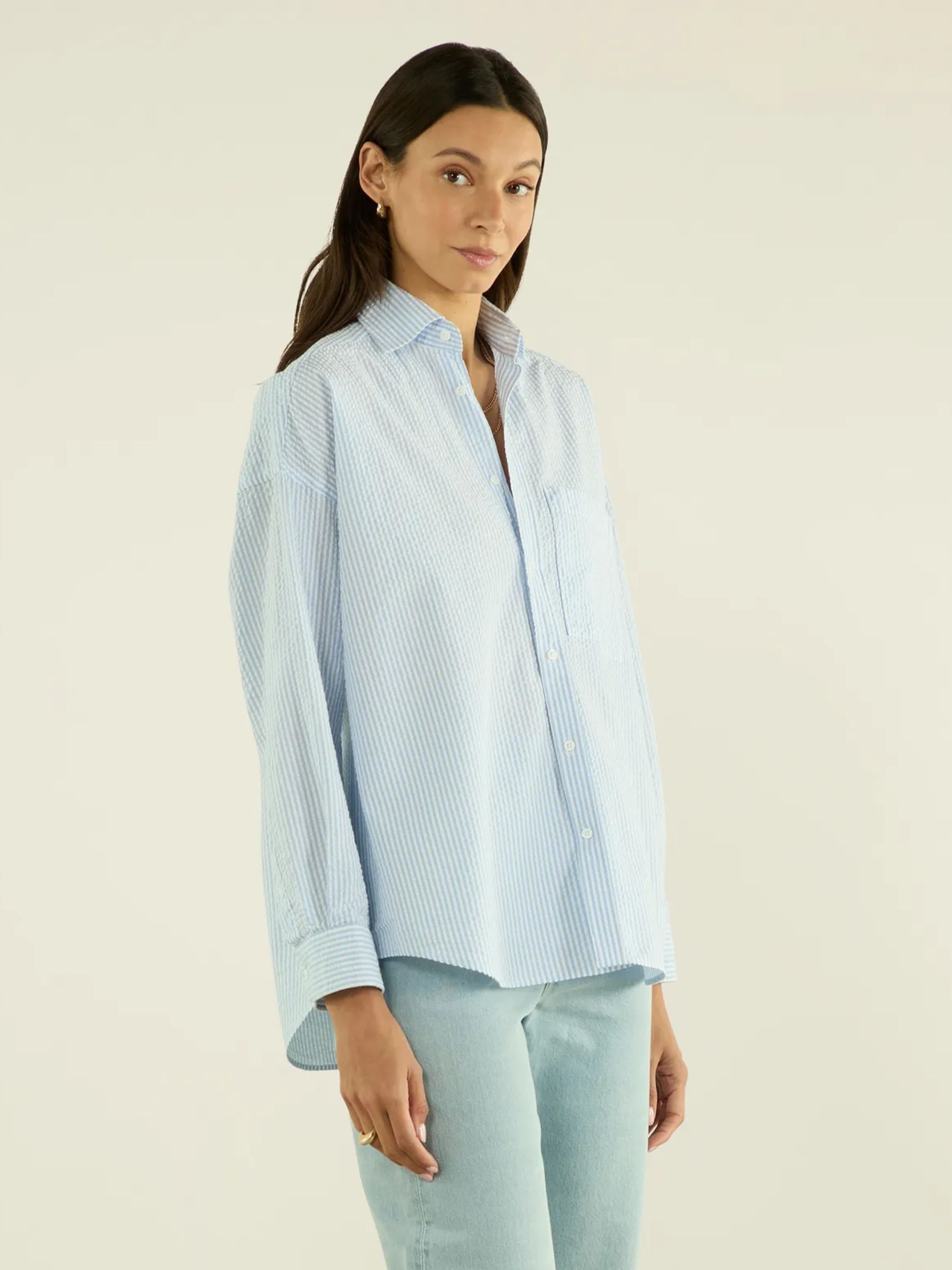 The Weekend: Seersucker, Rain Blue Stripe on model 