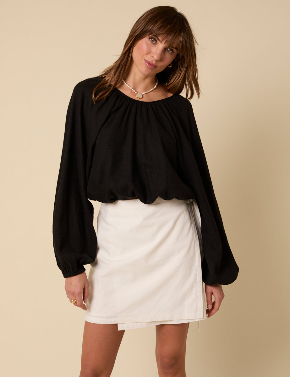 White Linen-Blend Wrap Mini Skirt