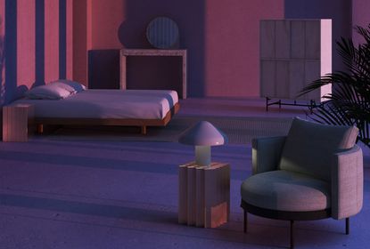 在渲染图中，卧室被紫色灯光照亮，家具包括一张床、大理石梳妆台、高衣柜、扶手椅和铜质桌子上的白色蘑菇形台灯。