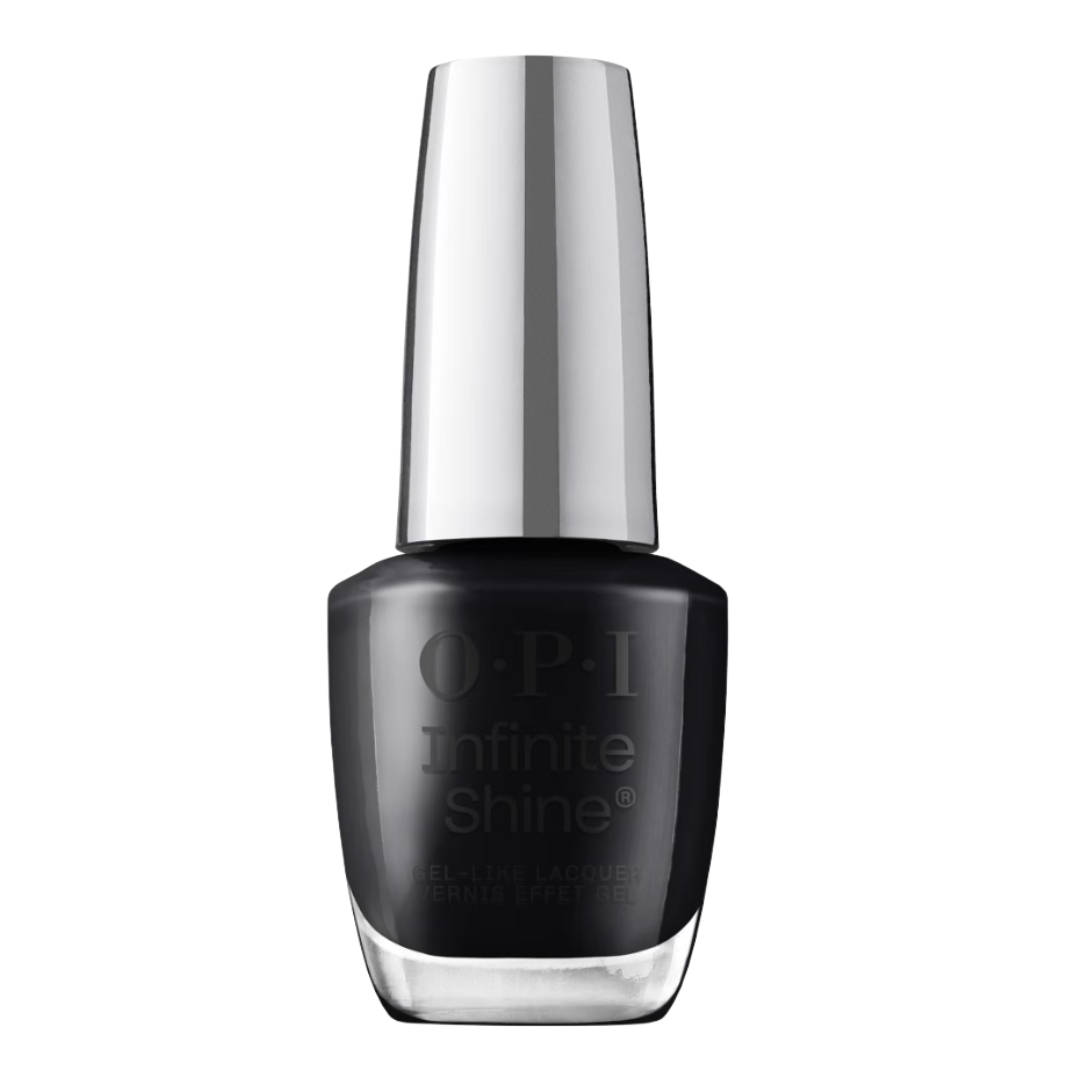 Product shot of the OPI Infinite Shine Long-Wear Gel-Like Black Nail Polish in shade Lady in Black, on a white background