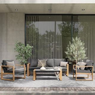 A gray and wooden outdoor furniture set