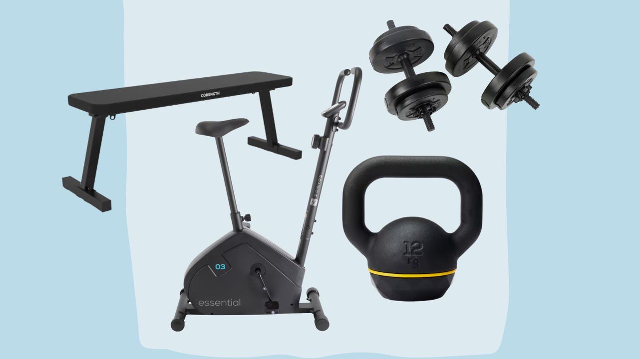 A selection of items in the Decathlon sale, including a workout bike, kettlebell, dumbbells, and a bench