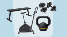 A selection of items in the Decathlon sale, including a workout bike, kettlebell, dumbbells, and a bench