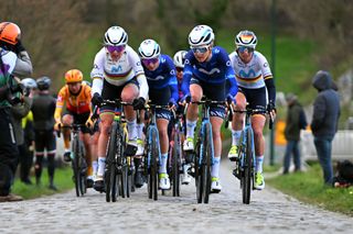 NINOVE BELGIUM FEBRUARY 25 LR Annemie Van Vleuten of The Netherlands and Floortje Mackaij of The Netherlands and Movistar Team compete during the 18th Omloop Het Nieuwsblad Elite 2023 Womens Elite a 1322km one day race from Ghent to Ninove OHN23 on February 25 2023 in Ghent Belgium Photo by David StockmanGetty Images