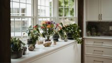 A kitchen countertop featuring plants, vases and crystals