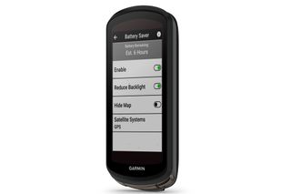 The Garmin Edge 1040 image shows the battery saver option screen with toggle buttons for how to improve battery life still