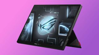ASUS ROG Flow Z13 gaming tablet on pink background.