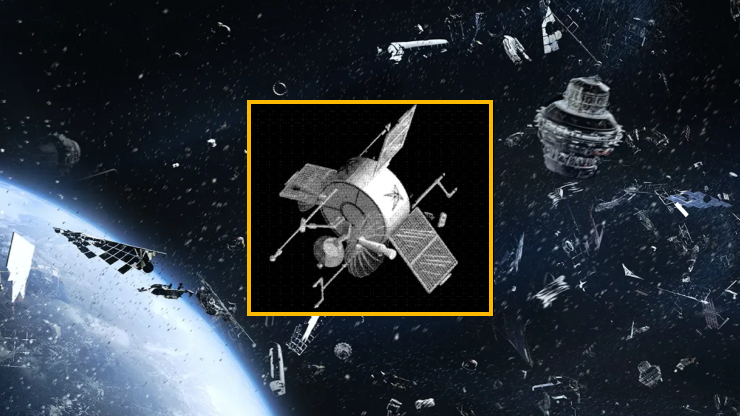 An illustration of space junk over Earth with a photo of USA 32 added