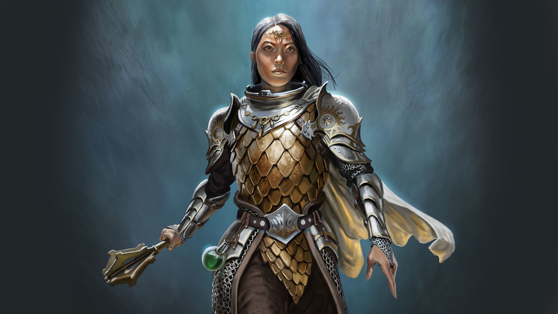An armored cleric holding a mace with a green potion on her belt