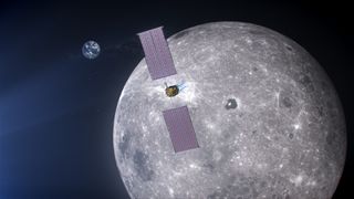 An artist's illustration of the power and propulsion element for NASA's planned lunar Gateway around the moon. The module will provide power, propulsion and communications relay support for the Gateway lunar outpost.