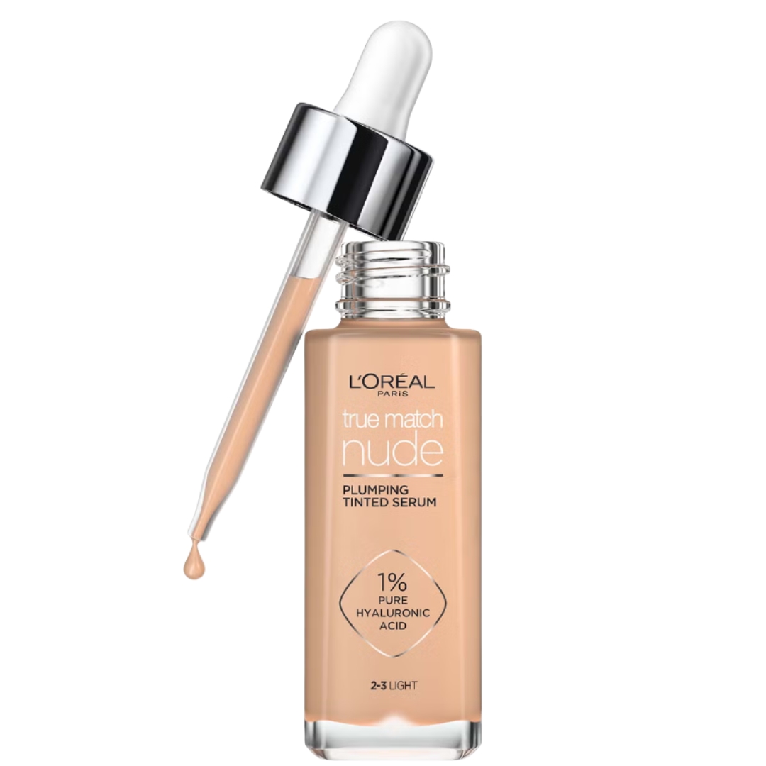 A product shot of the L'Oréal Paris True Match Nude Plumping Tinted Serum, on a white background