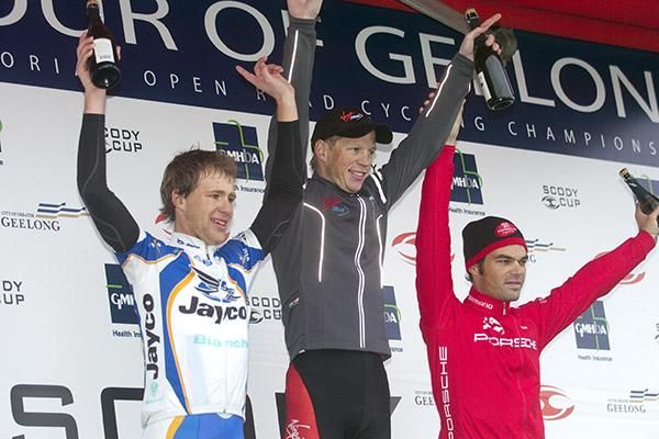 The stage two podium (l-r): Stuart Smith (2nd,Jayco VIS), Patrick Shaw (1st,Virgin Blue/RBS Morgans), and Rhys Pollock (3rd,Drapac Porsche).
