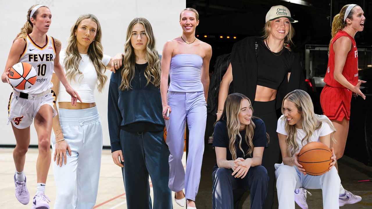 A collage showcasing Indiana Fever and Rose Basketball Club player Lexie Hull in the WNBA tunnel, on the court, and in a campaign with Athleta co-starring Kate Martin.