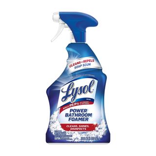A Lysol Power Cleaning Spray in a blue bottle
