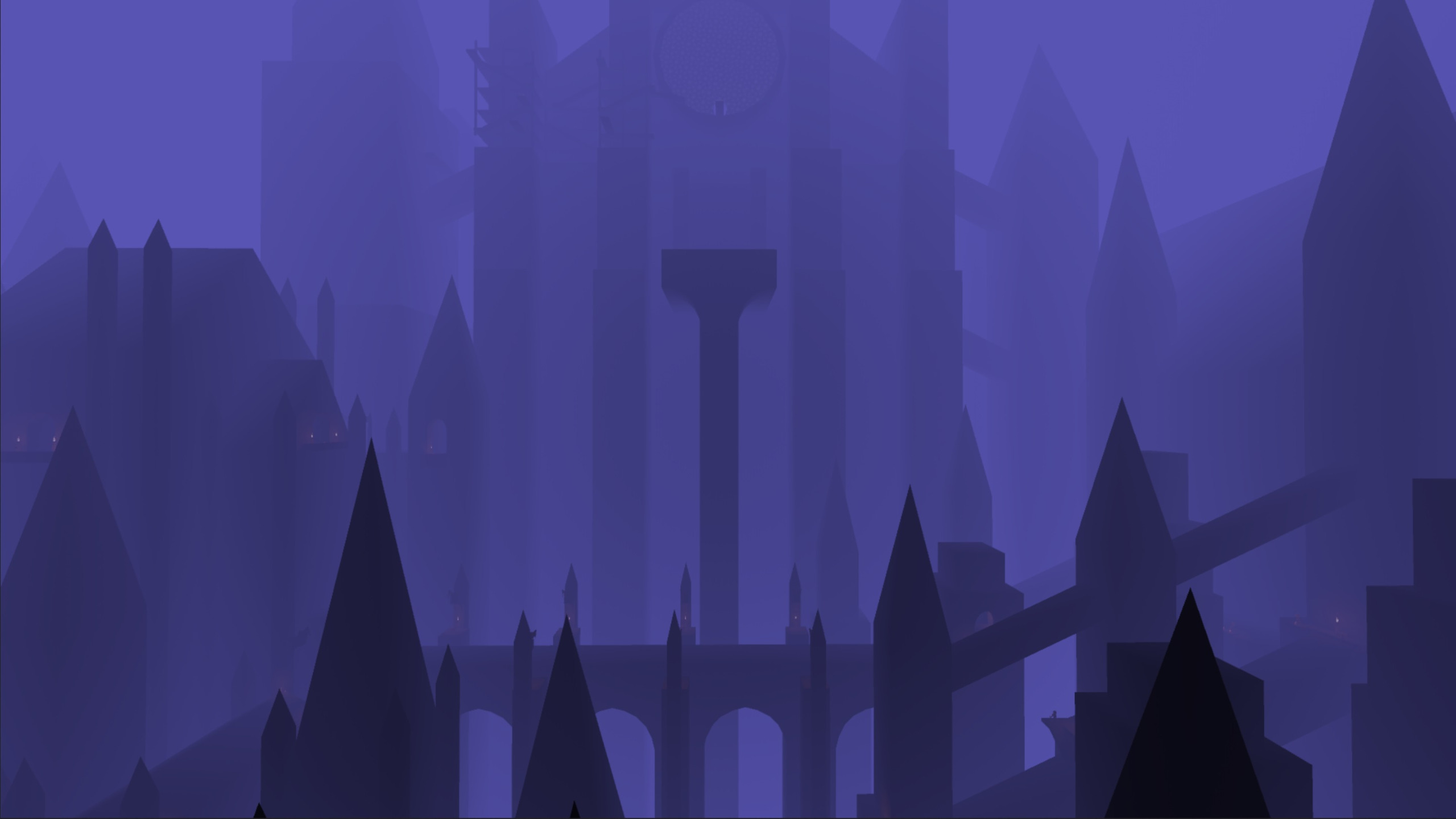Gothic spires loom from a purple mist in Quake Rooftops Jam.