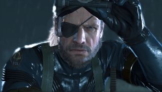 Snake looks to camera wearing his eyepatch in Ground Zeroes.
