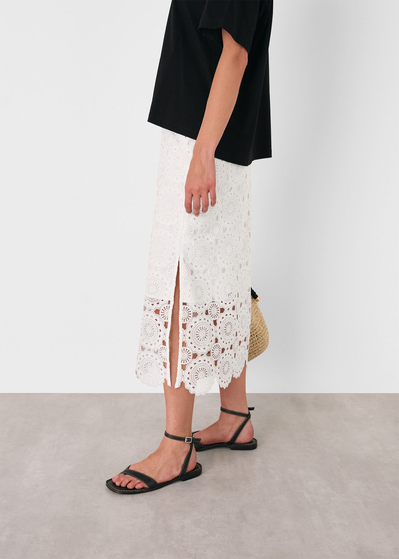 White Lace Column Midi Skirt