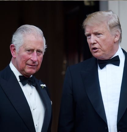 King Charles and Donald Trump talking to each other wearing tuxedos and bow ties