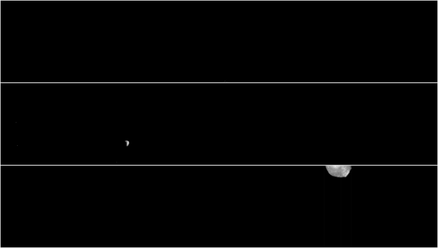 An animation created using images from NASA's Mars Odyssey spacecraft shows three different views of Phobos. Mars' smaller moon, Deimos, is also visible toward the left of the middle panel.