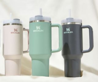 Stanley Quencher Flask trio in green, cream, and black