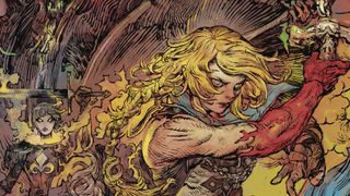 Castlevania: Belmont's Curse key art showing a striking image of Rose Belmont with an arm covered in red raised holding a weapon, with a textured background