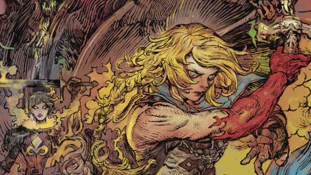 Castlevania: Belmont's Curse key art showing a striking image of Rose Belmont with an arm covered in red raised holding a weapon, with a textured background