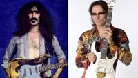 LEFT: Frank Zappa with Jimi Hendrix's burned and restored Stratocaster from the 1968 Miami Pop Festival, featured here on the cover of Guitar Player's January 1977 issue. RIGHT: Steve Vai with his Ibanez JEM 7 guitar, taken on June 15, 2009. 