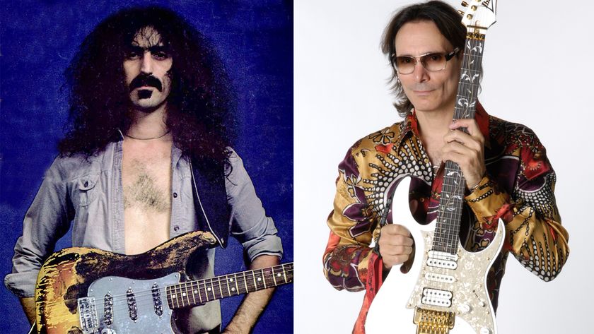 LEFT: Frank Zappa with Jimi Hendrix's burned and restored Stratocaster from the 1968 Miami Pop Festival, featured here on the cover of Guitar Player's January 1977 issue. RIGHT: Steve Vai with his Ibanez JEM 7 guitar, taken on June 15, 2009. 
