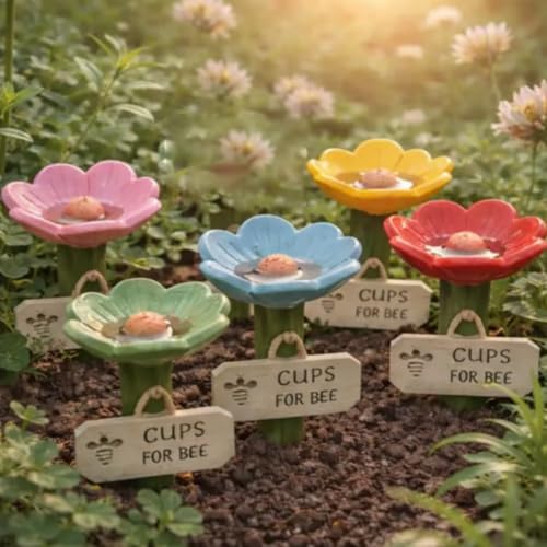 Flower-Shaped Ceramic Bee Watering Station, Hummingbird Feeder With Flower Design, Outdoor Pollinator Water Bowl With Textured Center, Bee Pollinator Feeder Drinking Cup With Stake Base(5pcs Mix)