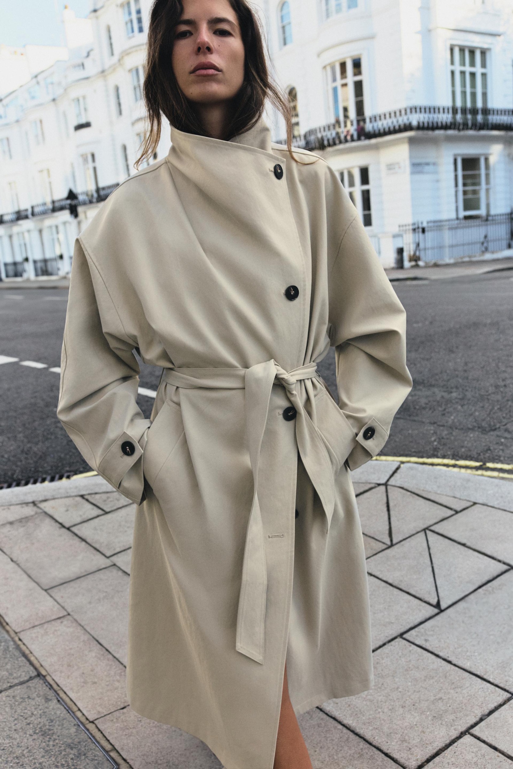 Long Belted Trench Coat - Stone - Xs