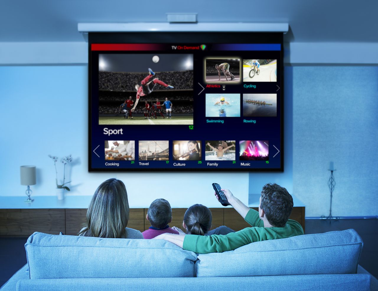 A family watching TV on a couch